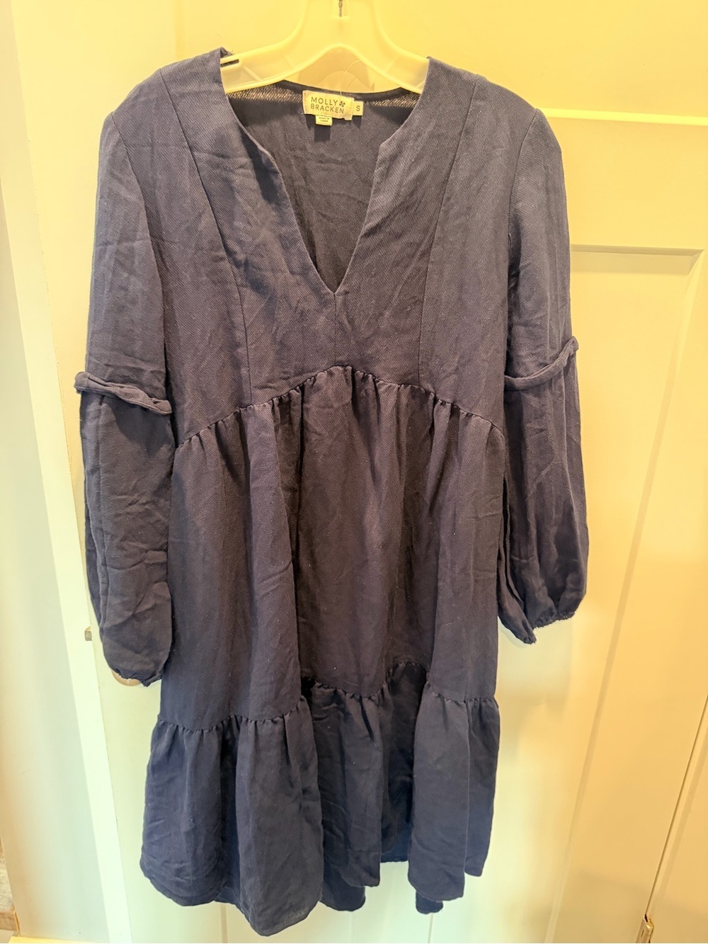 Molly Bracken Babydoll Dress Small Navy Tiered Mini V Neck Boho Flowy